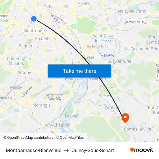 Montparnasse-Bienvenue to Quincy-Sous-Senart map