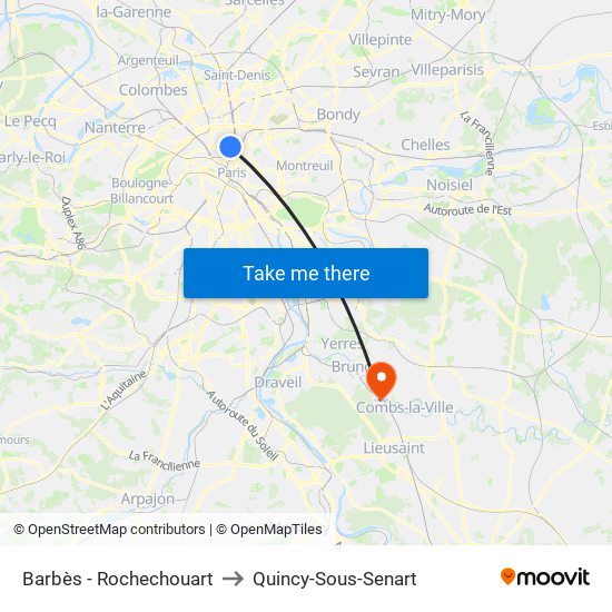 Barbès - Rochechouart to Quincy-Sous-Senart map