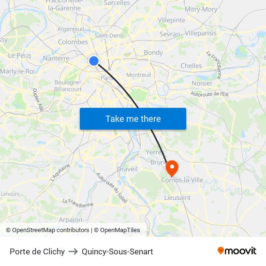 Porte de Clichy to Quincy-Sous-Senart map