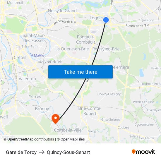 Gare de Torcy to Quincy-Sous-Senart map