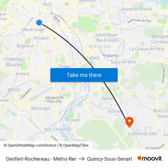 Denfert-Rochereau - Métro-Rer to Quincy-Sous-Senart map