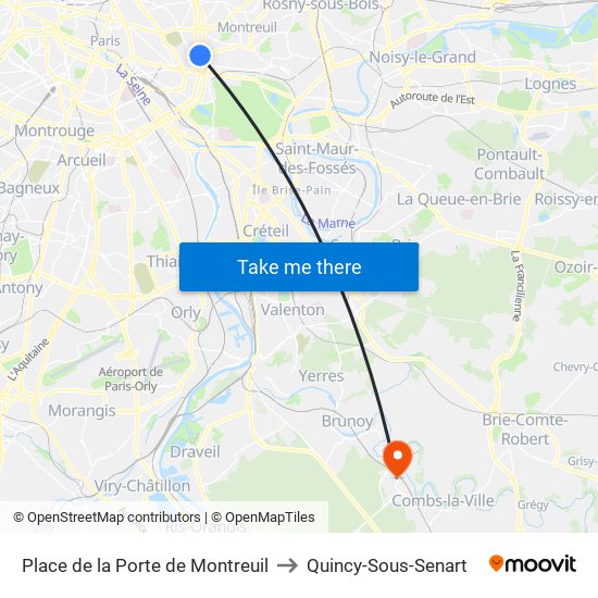 Place de la Porte de Montreuil to Quincy-Sous-Senart map