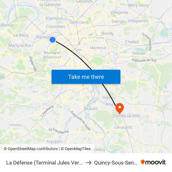 La Défense (Terminal Jules Verne) to Quincy-Sous-Senart map