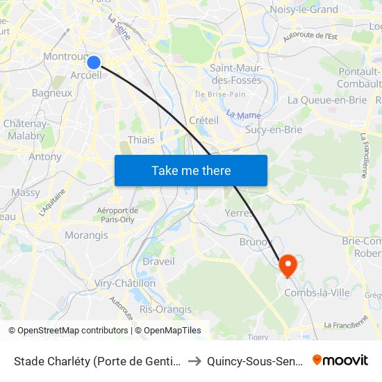 Stade Charléty (Porte de Gentilly) to Quincy-Sous-Senart map