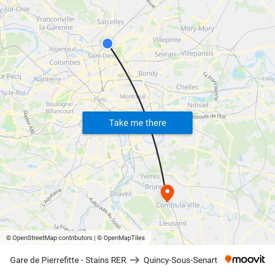 Gare de Pierrefitte - Stains RER to Quincy-Sous-Senart map