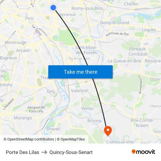 Porte Des Lilas to Quincy-Sous-Senart map