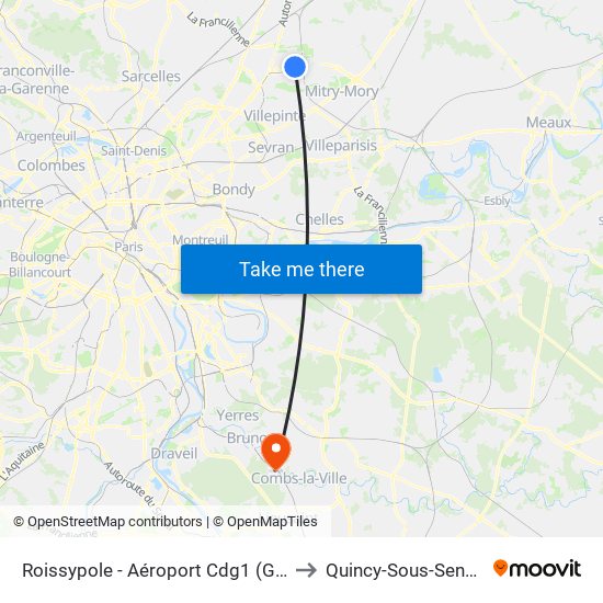 Roissypole - Aéroport Cdg1 (G1) to Quincy-Sous-Senart map