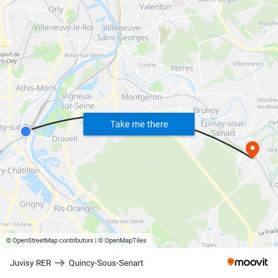 Juvisy RER to Quincy-Sous-Senart map
