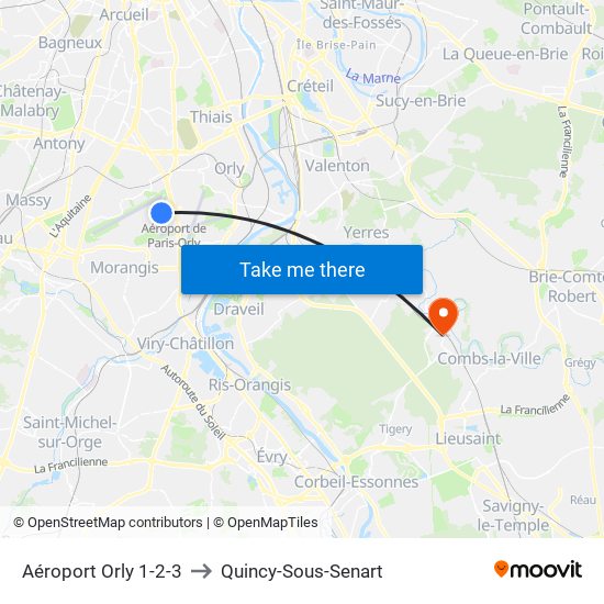 Aéroport Orly 1-2-3 to Quincy-Sous-Senart map