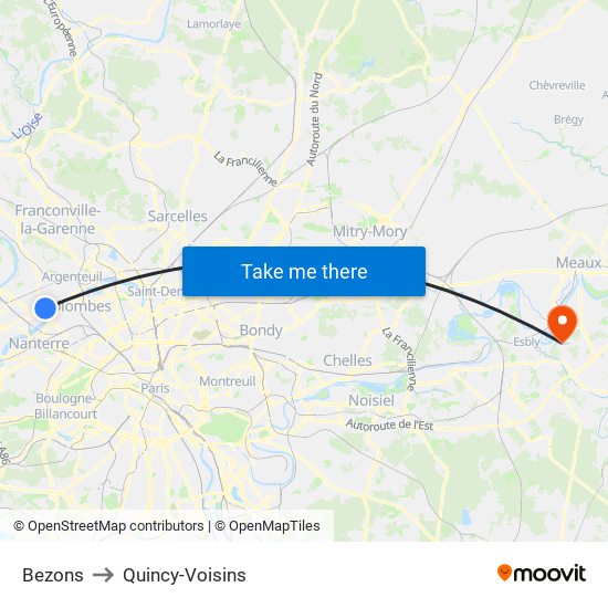 Bezons to Quincy-Voisins map
