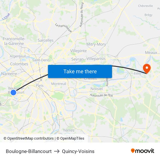 Boulogne-Billancourt to Quincy-Voisins map