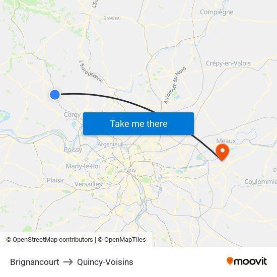 Brignancourt to Quincy-Voisins map