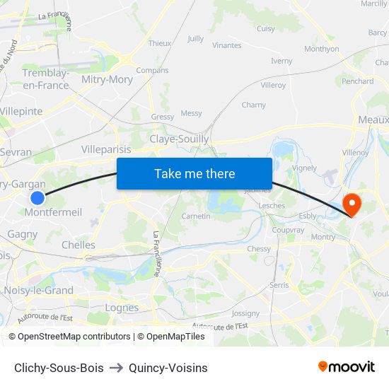 Clichy-Sous-Bois to Quincy-Voisins map