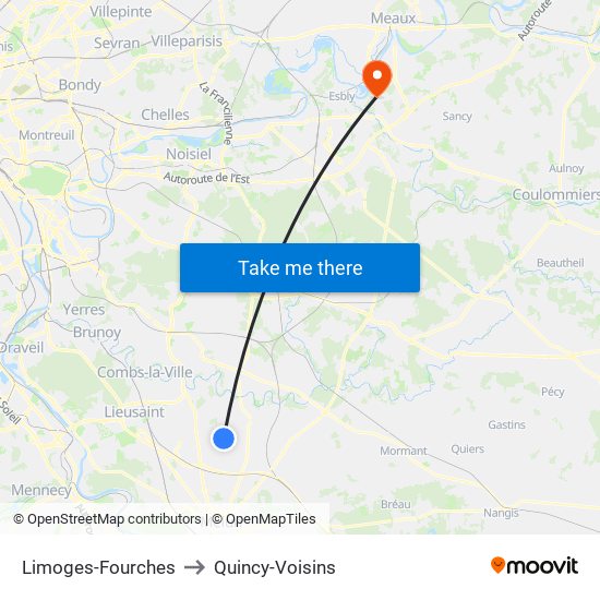 Limoges-Fourches to Quincy-Voisins map