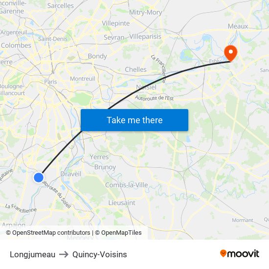 Longjumeau to Quincy-Voisins map