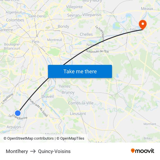 Montlhery to Quincy-Voisins map