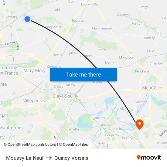 Moussy-Le-Neuf to Quincy-Voisins map