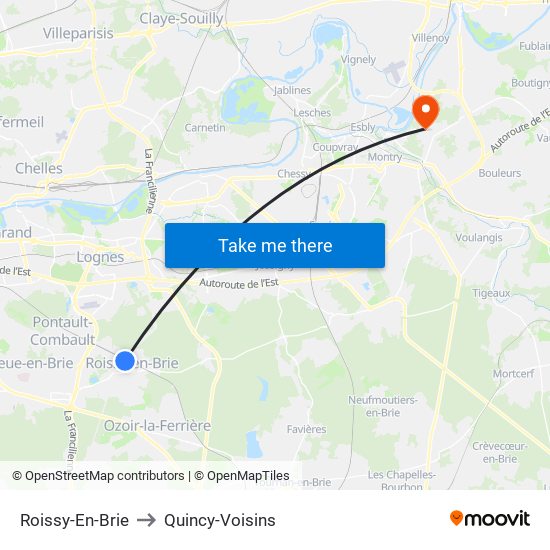 Roissy-En-Brie to Quincy-Voisins map