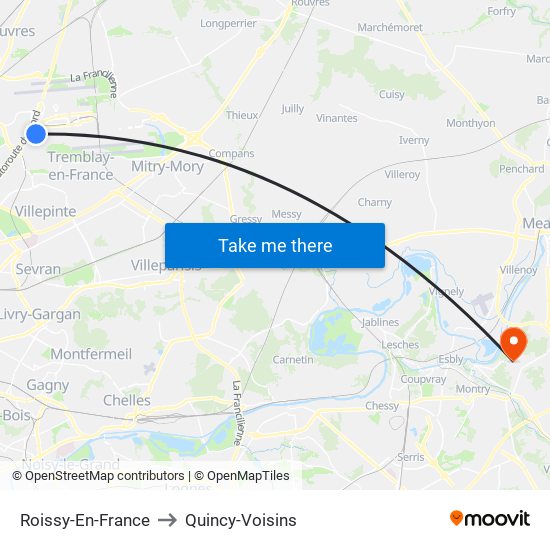 Roissy-En-France to Quincy-Voisins map