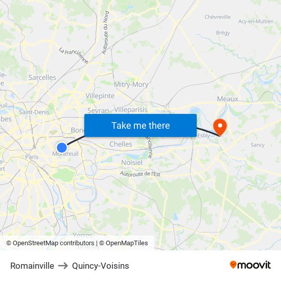Romainville to Quincy-Voisins map
