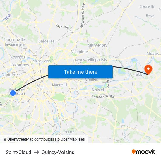 Saint-Cloud to Quincy-Voisins map