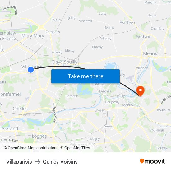 Villeparisis to Quincy-Voisins map