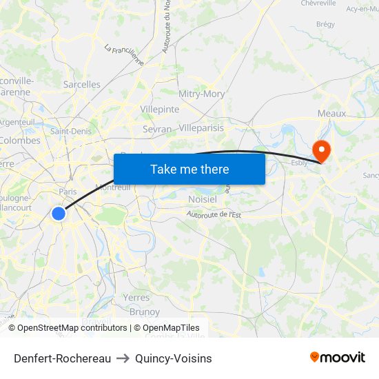 Denfert-Rochereau to Quincy-Voisins map