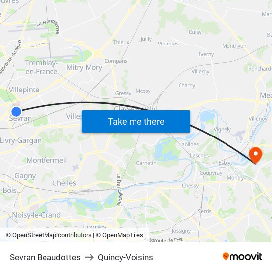 Sevran Beaudottes to Quincy-Voisins map