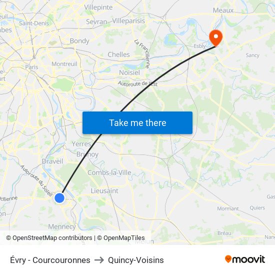 Évry - Courcouronnes to Quincy-Voisins map