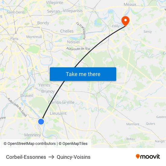 Corbeil-Essonnes to Quincy-Voisins map