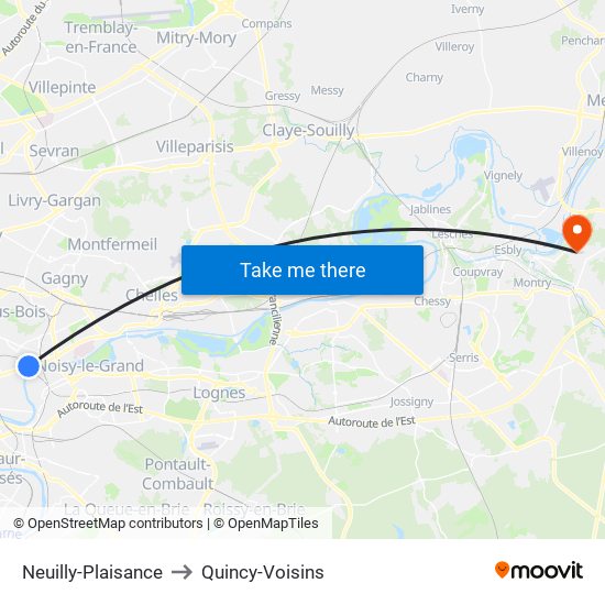 Neuilly-Plaisance to Quincy-Voisins map