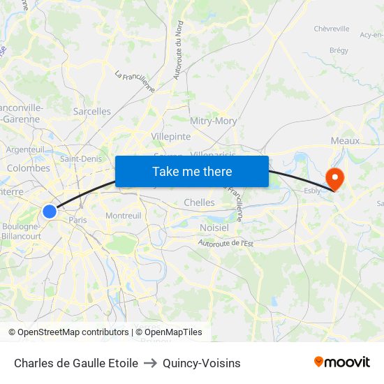 Charles de Gaulle Etoile to Quincy-Voisins map