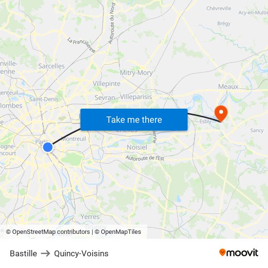 Bastille to Quincy-Voisins map