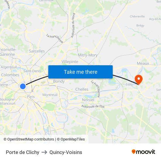 Porte de Clichy to Quincy-Voisins map