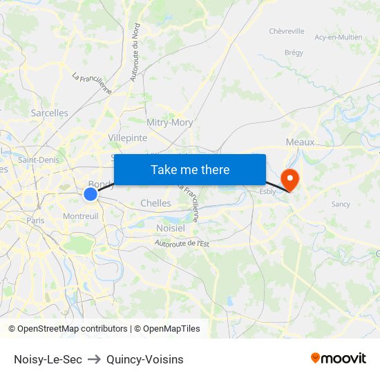 Noisy-Le-Sec to Quincy-Voisins map