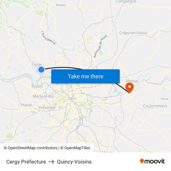 Cergy Préfecture to Quincy-Voisins map