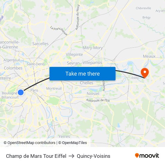 Champ de Mars Tour Eiffel to Quincy-Voisins map