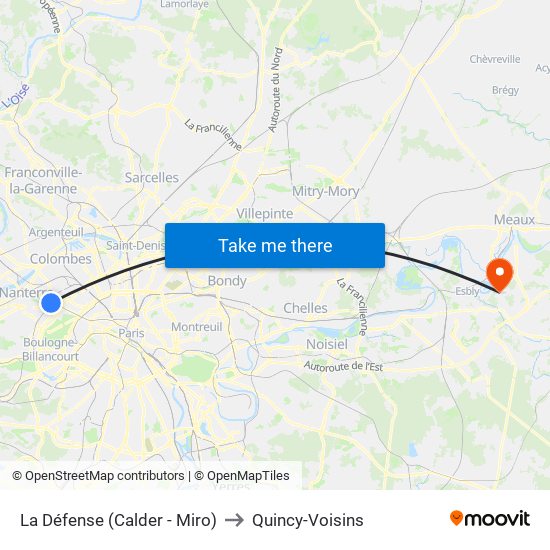 La Défense (Calder - Miro) to Quincy-Voisins map