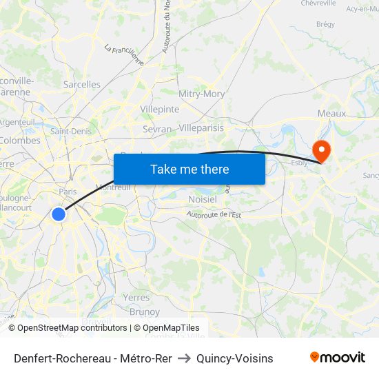 Denfert-Rochereau - Métro-Rer to Quincy-Voisins map