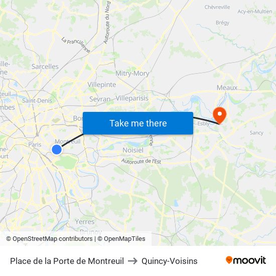 Place de la Porte de Montreuil to Quincy-Voisins map