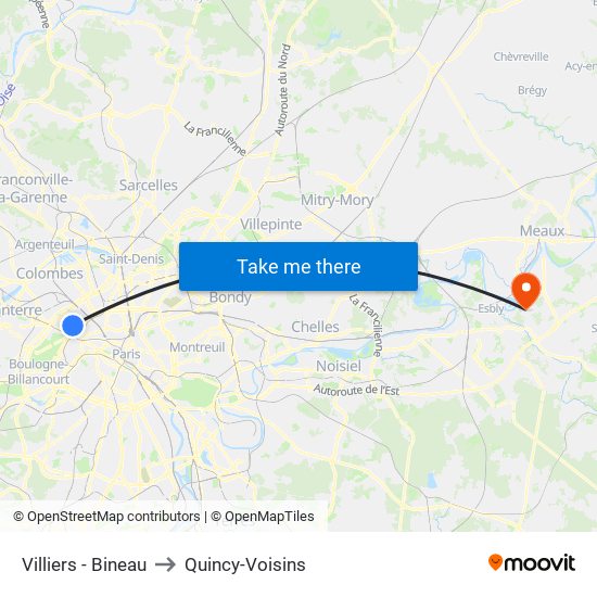Villiers - Bineau to Quincy-Voisins map