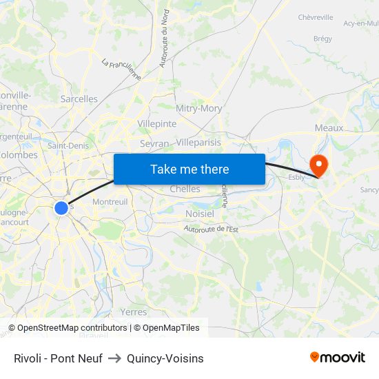 Rivoli - Pont Neuf to Quincy-Voisins map
