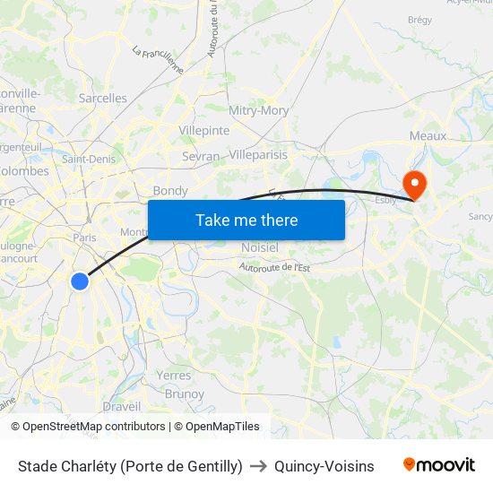 Stade Charléty (Porte de Gentilly) to Quincy-Voisins map