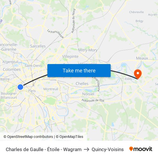 Charles de Gaulle - Étoile - Wagram to Quincy-Voisins map