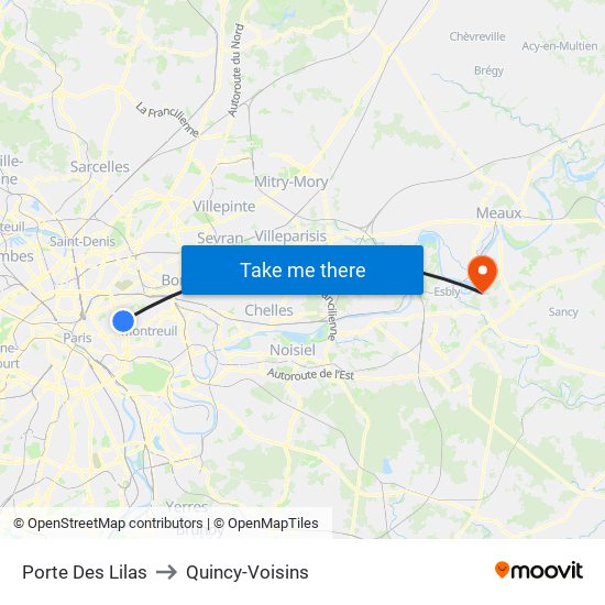 Porte Des Lilas to Quincy-Voisins map
