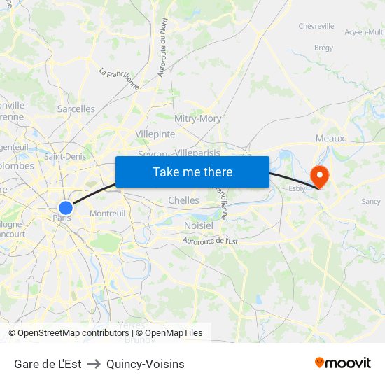 Gare de L'Est to Quincy-Voisins map