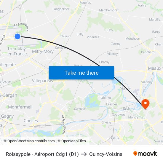 Roissypole - Aéroport Cdg1 (D1) to Quincy-Voisins map