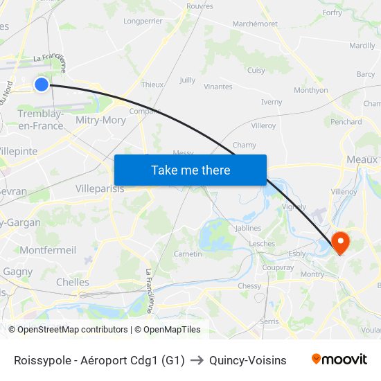 Roissypole - Aéroport Cdg1 (G1) to Quincy-Voisins map