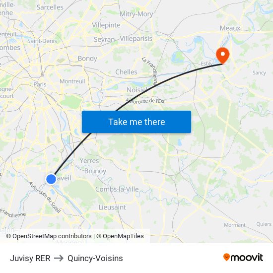 Juvisy RER to Quincy-Voisins map