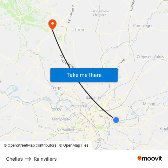 Chelles to Rainvillers map
